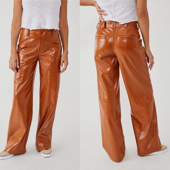 Free People Pants - Free People Wide Leg Leather Pants Star Crossed Lovers Earthy Boho Neutral 12